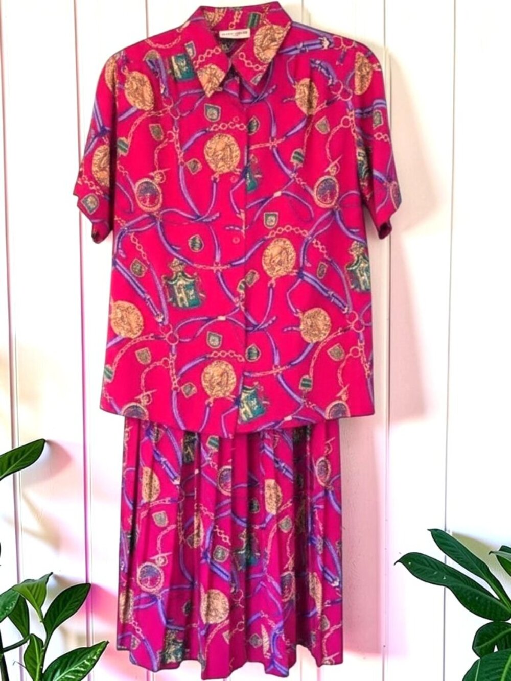 Vintage Alfred Dunner Petite 2pc Set Equestrian Chain Print Pleated Skirt Blouse